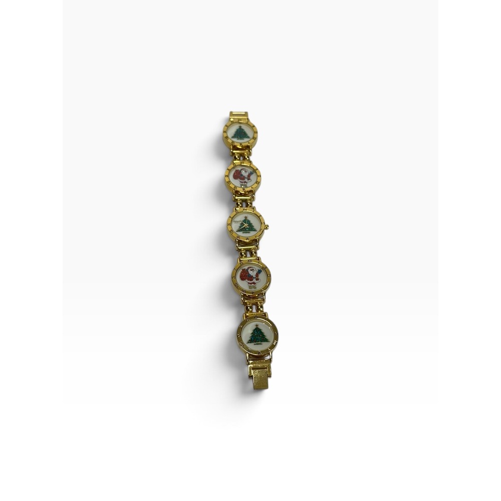 Vintage Lafayette Santa And Christmas Tree Watch Bracelet Gold Tone New Battery - Picture 2 of 7